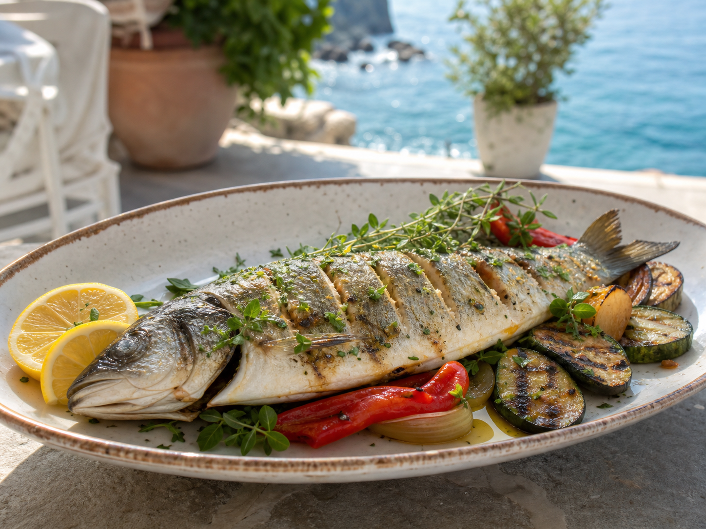 Branzino alla brace con verdure e limone