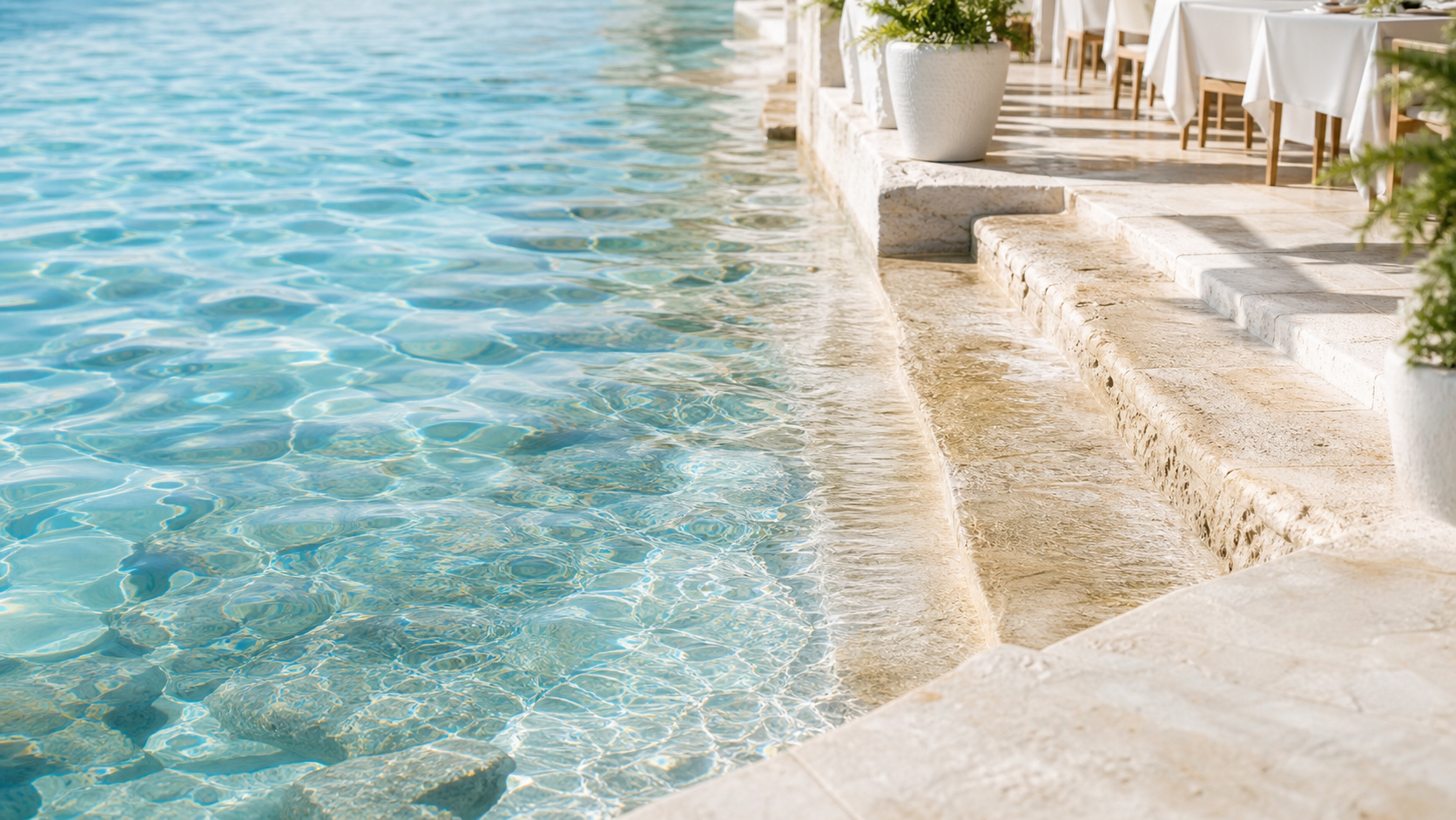 Acqua limpida e riflessi vicino alla terrazza