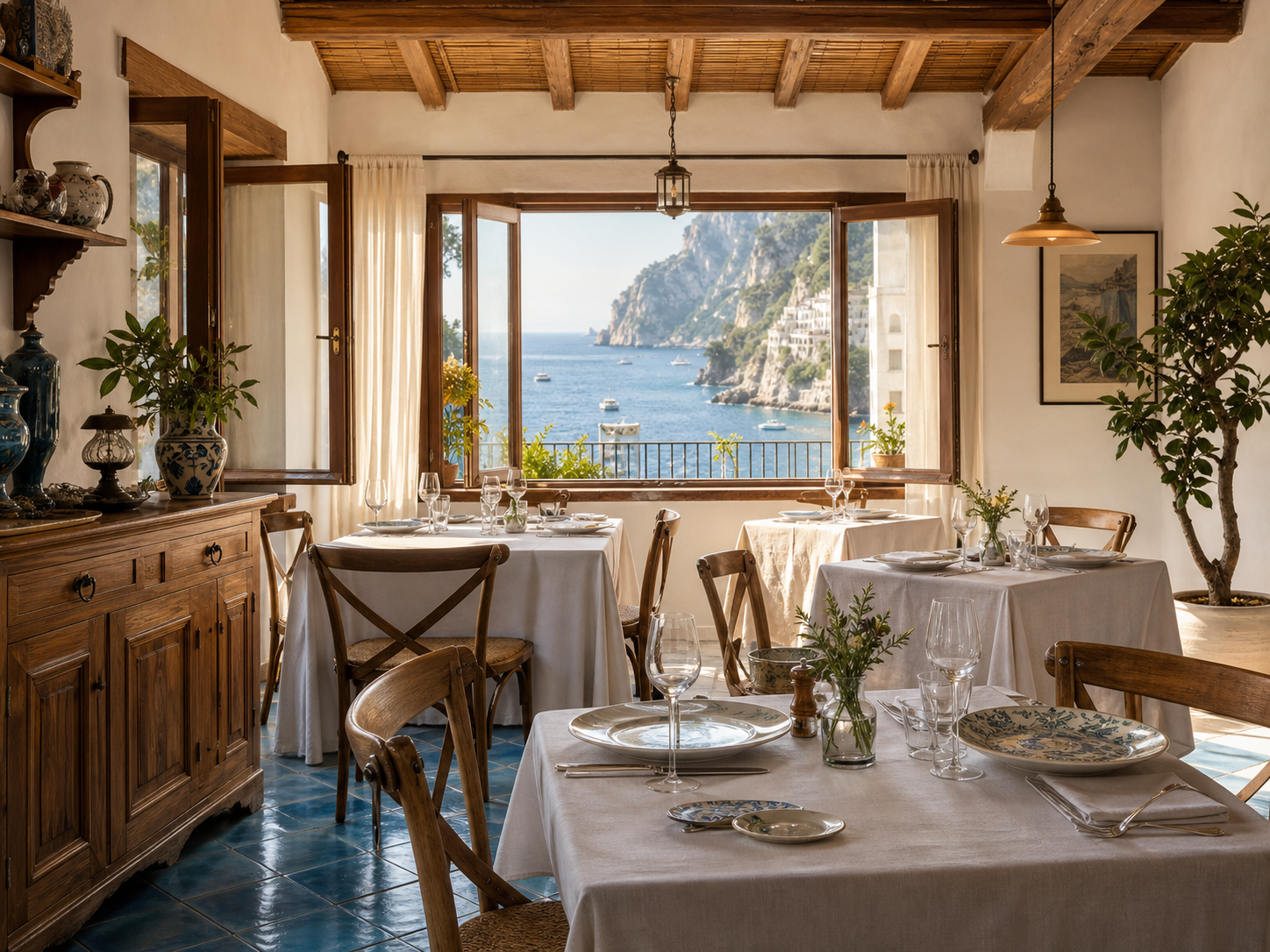 Sala apparecchiata con grandi finestre aperte sul mare
