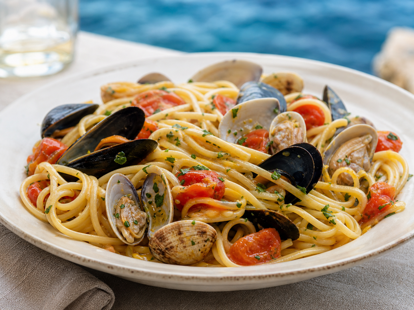 Spaghetti con frutti di mare, pomodorini e prezzemolo